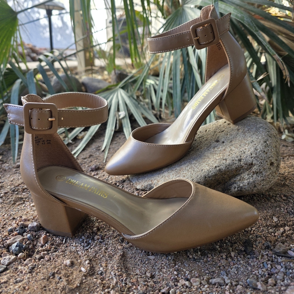 Dream Pairs Brown Pointed Toe Block Heel Ankle Strap Pumps
